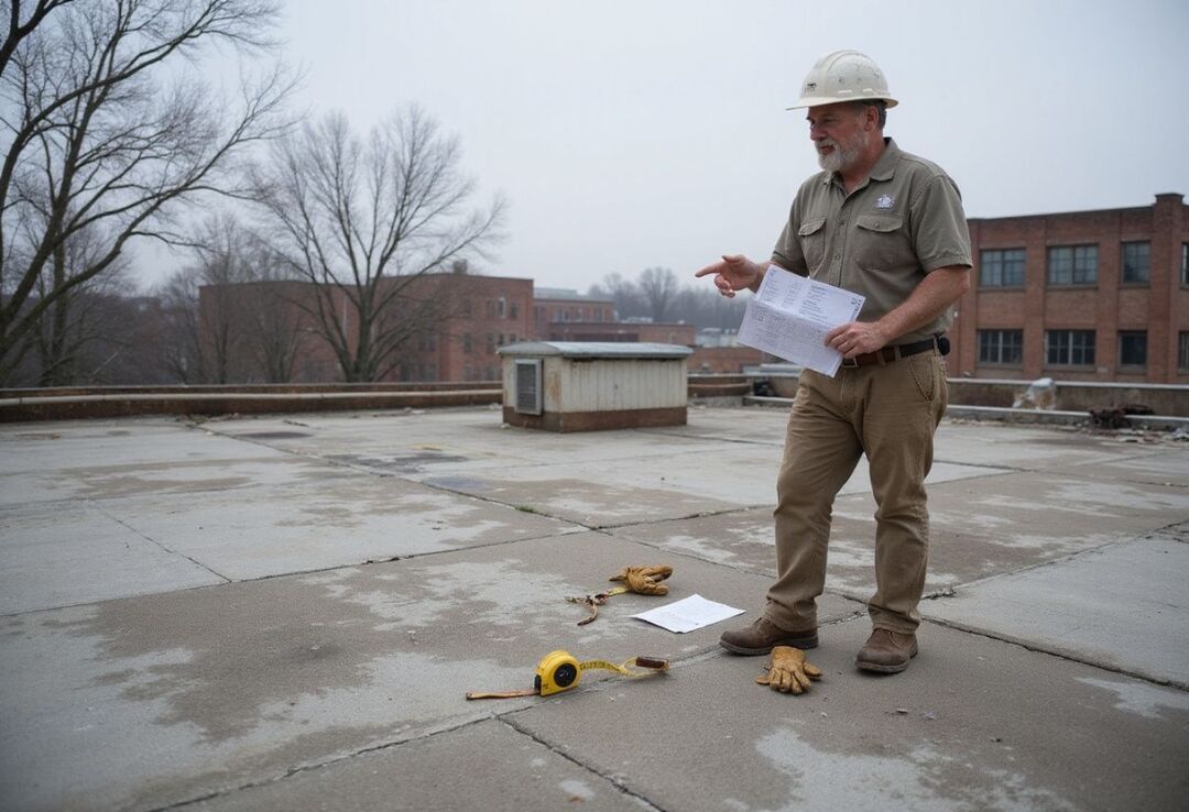 A construction worker in a hard hat stands on a rooftop holding papers, with gloves and a measuring tape on the ground nearby. Brick buildings and bare trees are visible in the background.