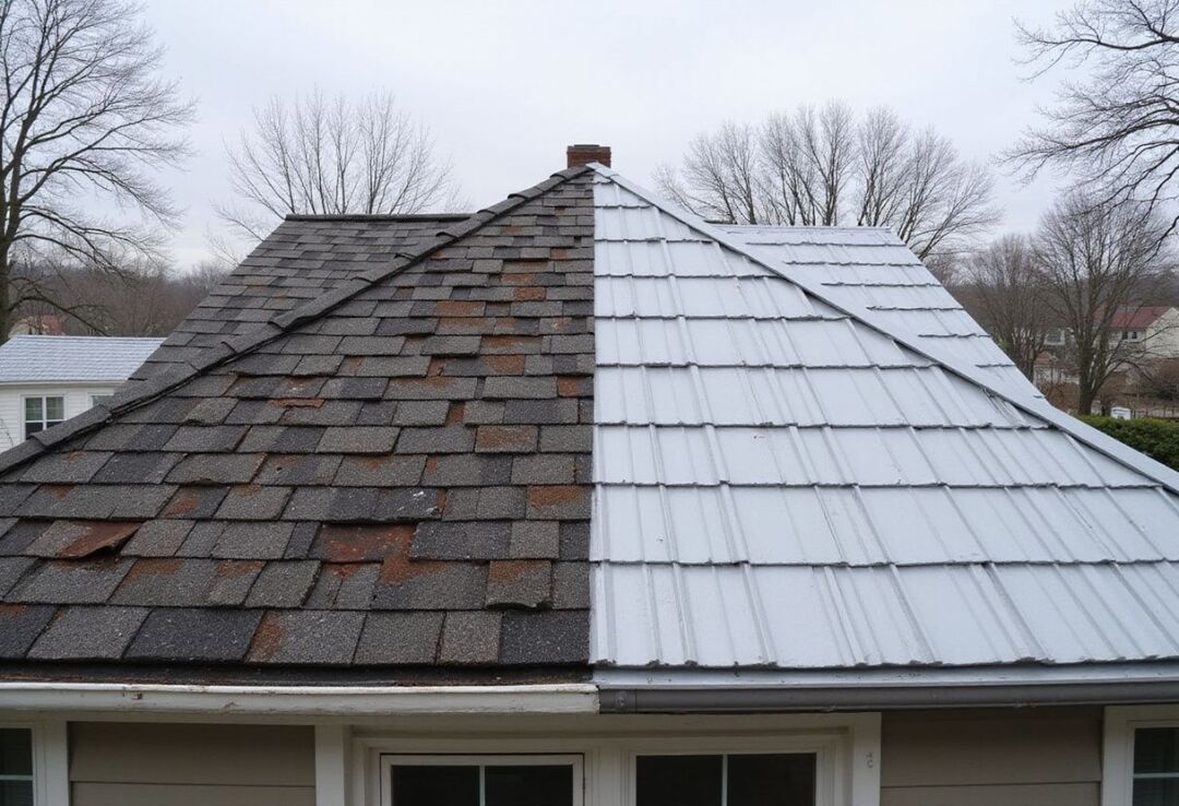 A house roof is split down the middle, with one half showing worn asphalt shingles and the other half covered with new, light-colored metal roofing.