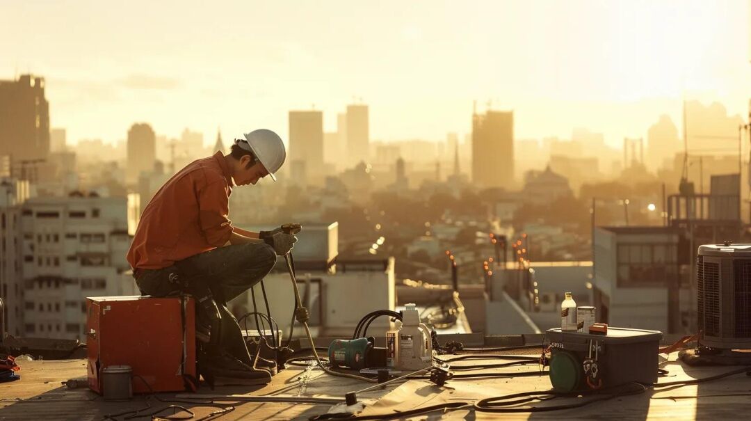 a dynamic urban rooftop setting featuring an experienced technician expertly assessing a damaged roof, surrounded by essential repair tools and materials against a clear city skyline backdrop.