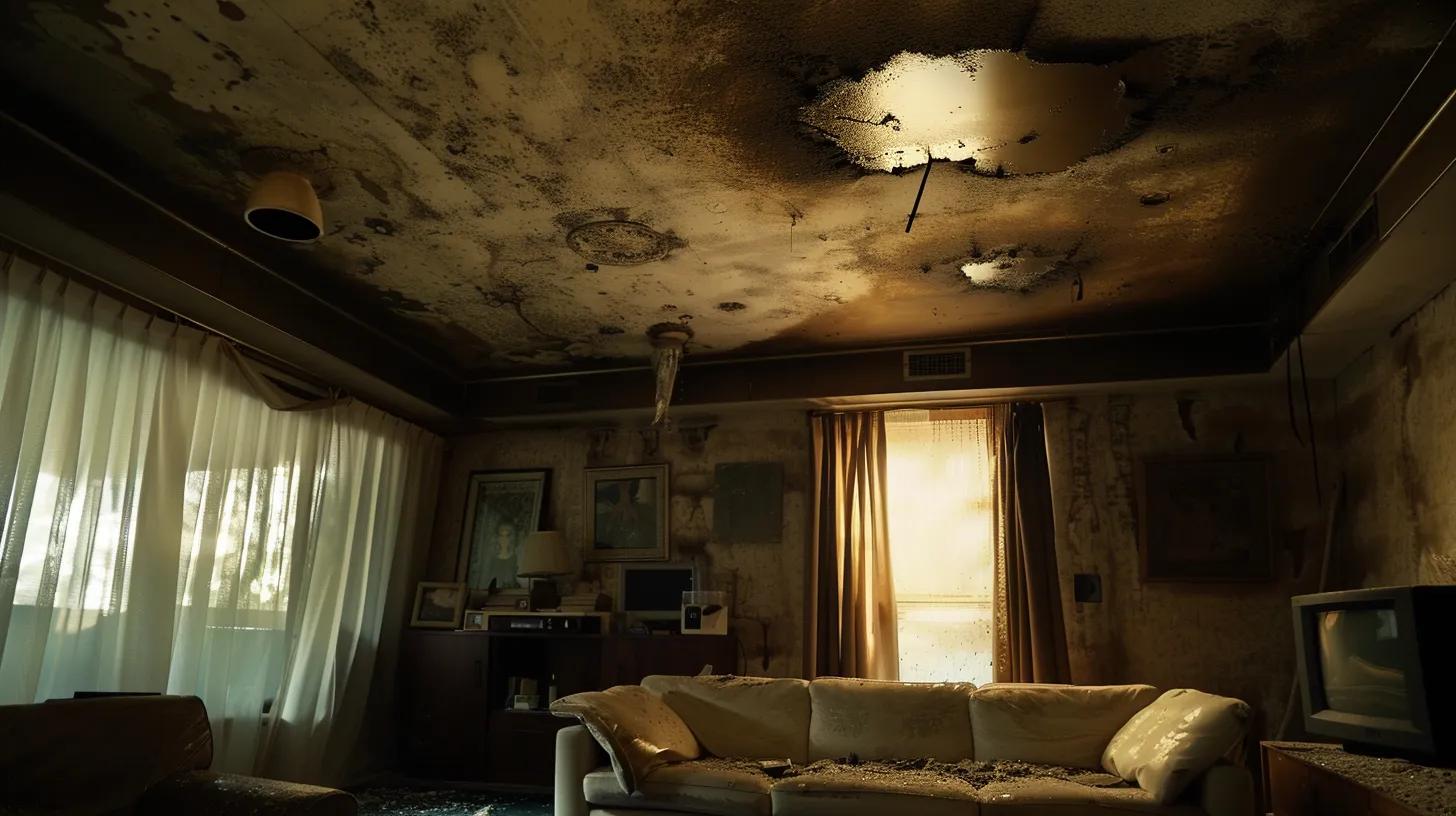 a close-up shot of a dimly lit, modern living room showcasing a stained ceiling and peeling drywall beneath a visibly damaged roof, highlighting the urgent need for repair with ominous shadows accentuating the seriousness of water leaks.