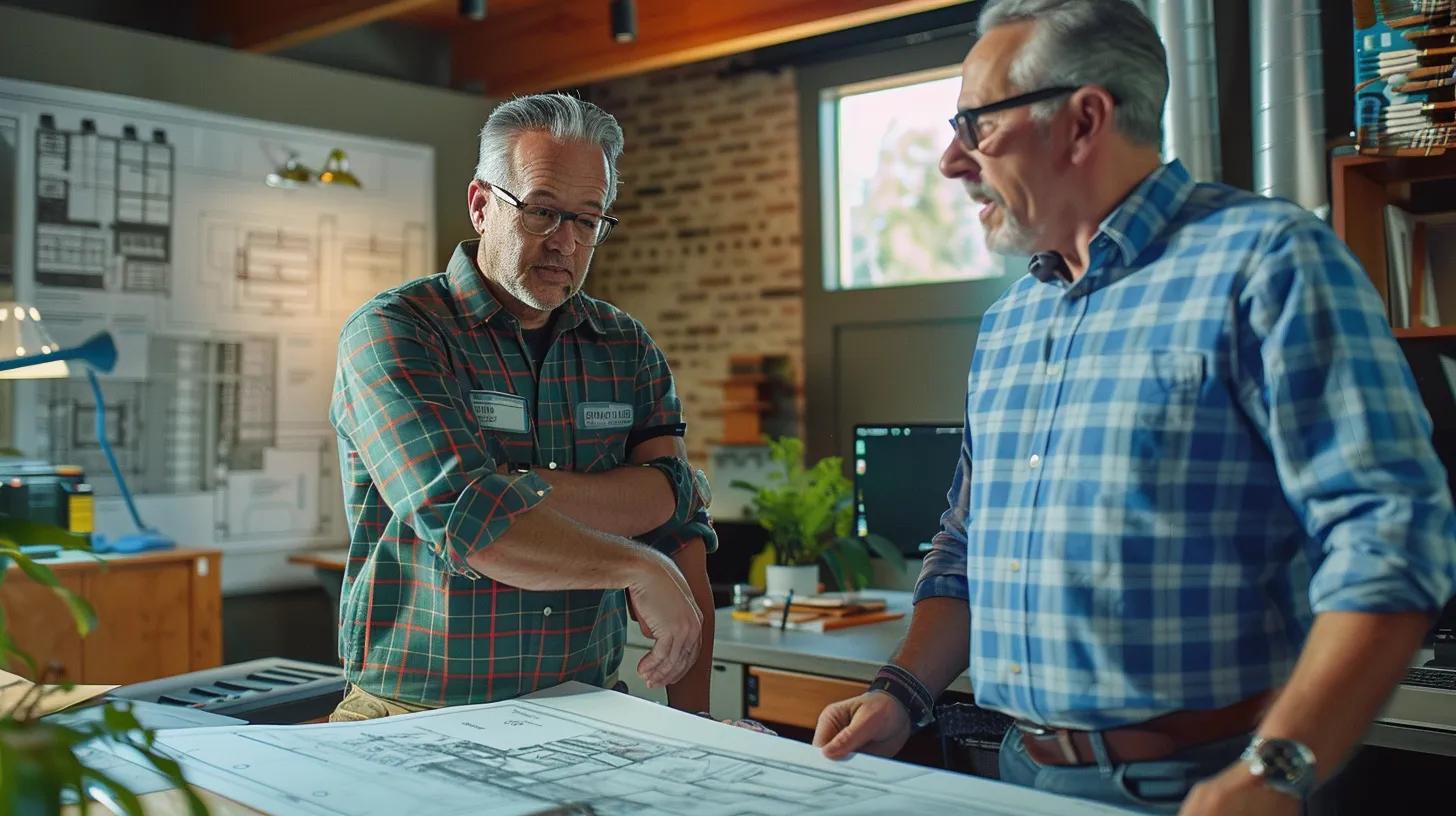 a dynamic urban office setting showcases a focused homeowner discussing urgent roofing issues with a licensed contractor, surrounded by blueprints and digital screens displaying qualifications and past project success stories under bright, artificial lighting.