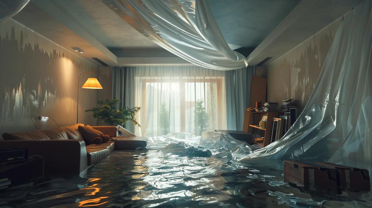 a focused, dramatic shot of a modern living room with a visible ceiling leak, water pooling on the floor, and items hastily covered by plastic sheets to highlight the urgency of minimizing interior damage from roof leaks.