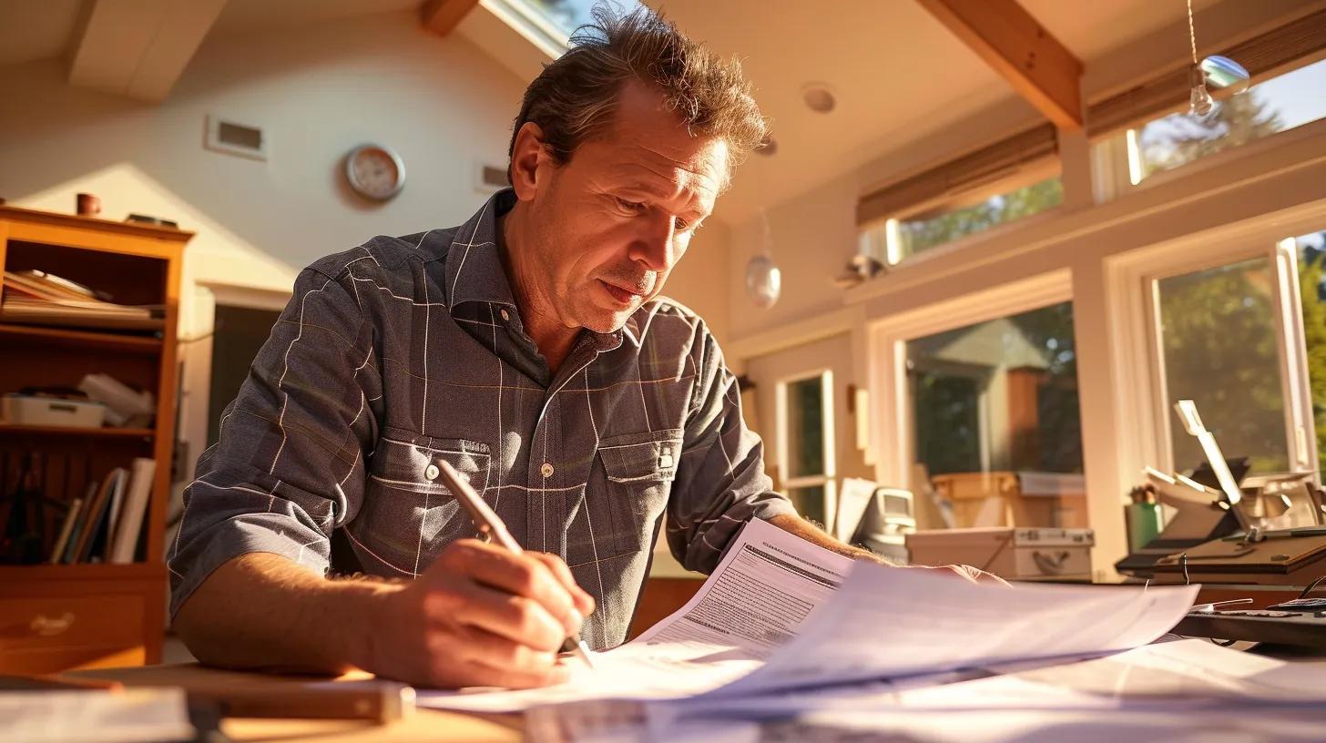 a focused homeowner inspects a detailed roof inspection report in a well-lit, modern home office, surrounded by tools and roofing materials, emphasizing the importance of proactive maintenance.
