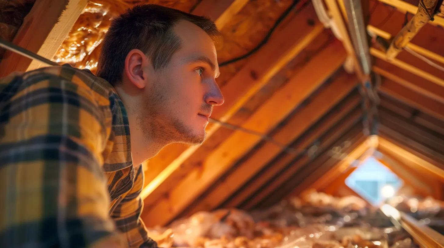 a homeowner carefully inspects the underside of their attic roof, illuminated by bright, focused lighting that highlights potential water leaks and poor insulation, conveying the importance of thorough interior roof assessments.