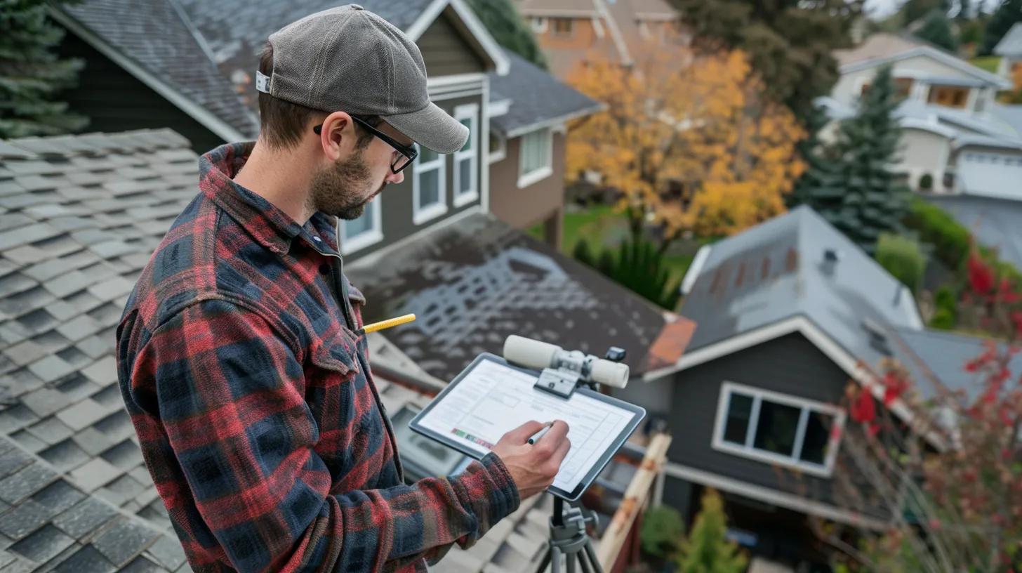 a meticulous home inspector examines a well-maintained roof from an elevated vantage point, surrounded by an array of detailed checklists and safety equipment in a modern residential setting, emphasizing the importance of thorough roof assessment and maintenance practices.
