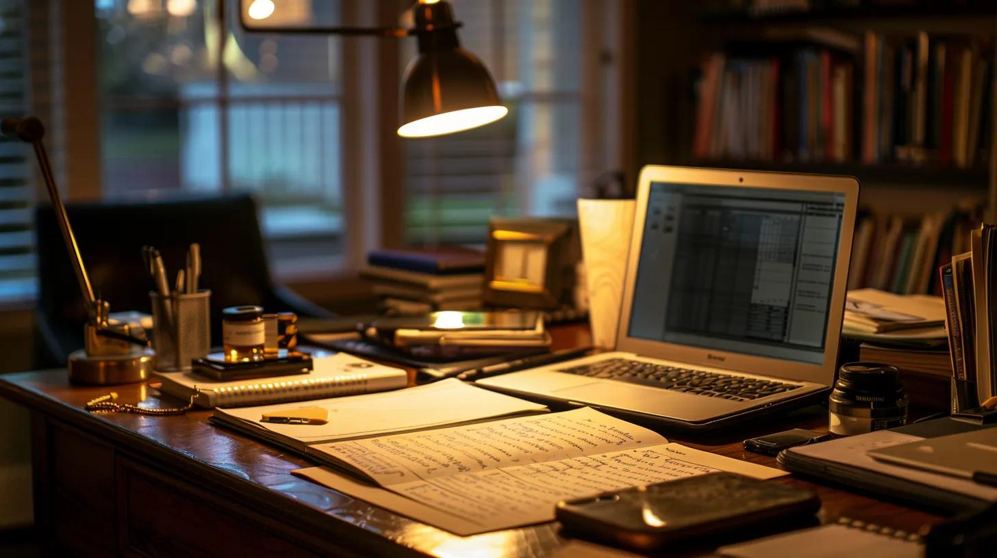 a meticulously organized office desk displays a high-quality notebook and digital device filled with detailed notes and observations, illuminated by focused task lighting, emphasizing the importance of thorough documentation in roof care inspections.