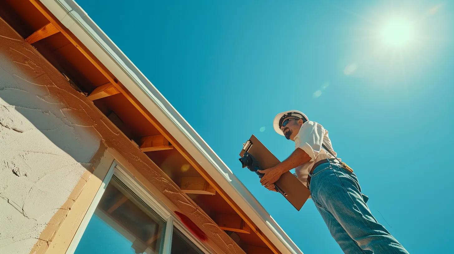 a professional inspecting a roof from the ground level, equipped with a clipboard and binoculars, under a clear blue sky in an urban neighborhood, ensuring a comprehensive evaluation of shingles and flashing.