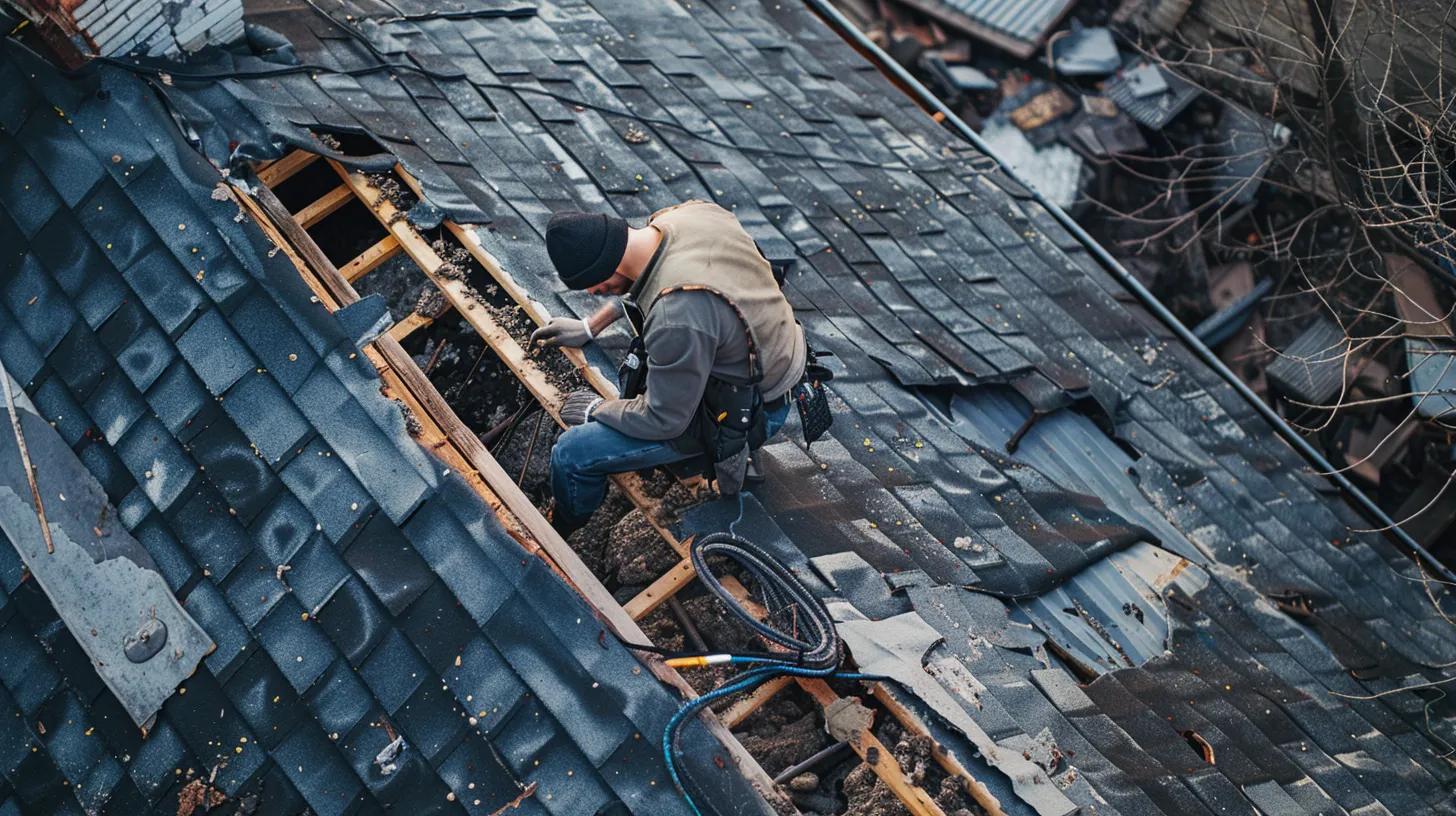a professional roofer inspects a damaged roof under stark artificial office lighting, showcasing various emergency repair tools and materials while assessing weather-related wear and punctures in an urban setting.