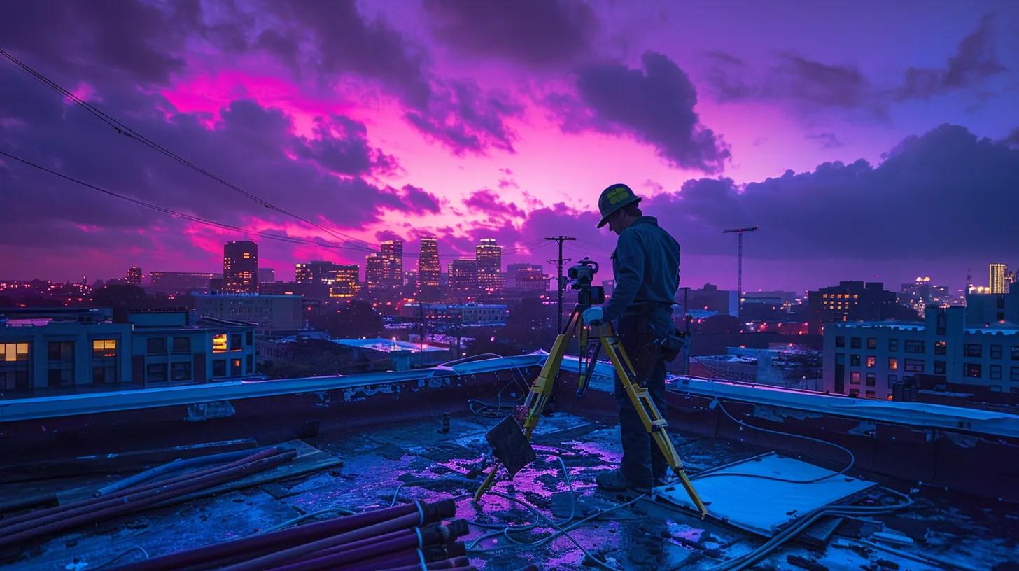 a professional roofer inspects a damaged roof using advanced infrared scanning equipment, with a city skyline visible in the background, emphasizing the urgency and thoroughness of emergency roof repair solutions.