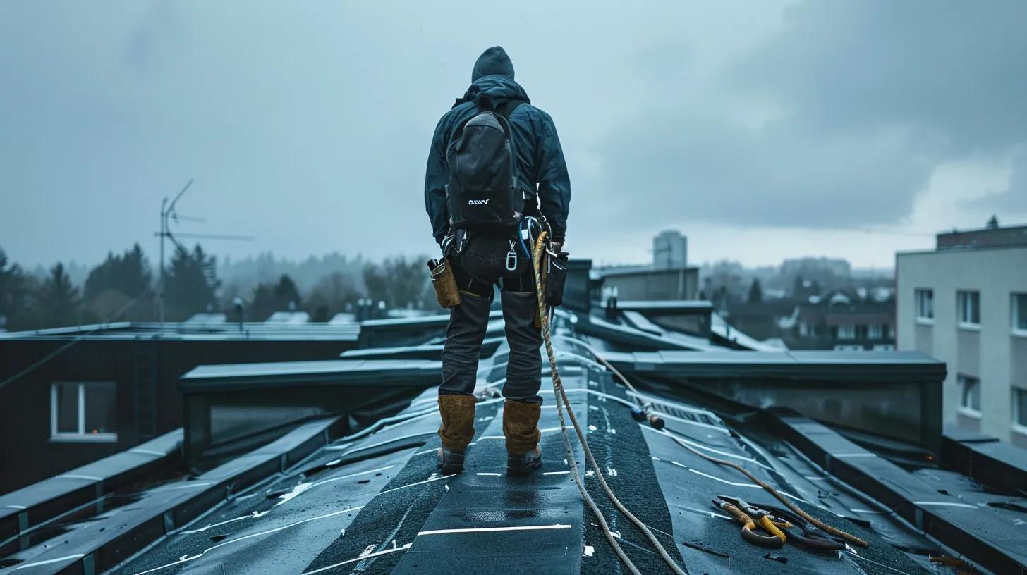 a safety-conscious roofing professional, donned in non-slip footwear and a harness, meticulously inspects a residential roof from a sturdy ladder, surrounded by essential tools laid out on the rooftop, under an overcast urban sky that hints at impending weather challenges.