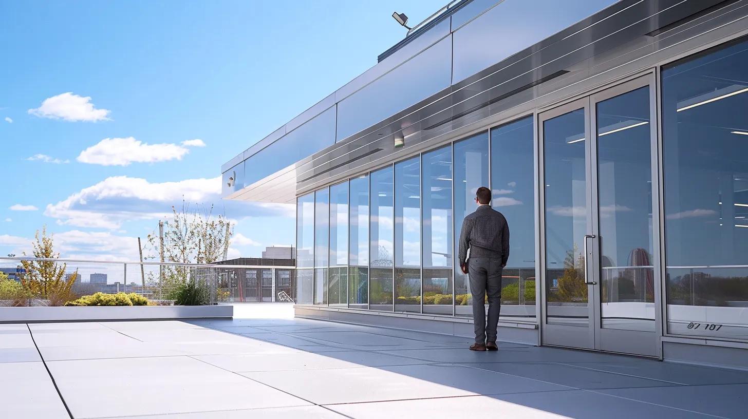 a sleek, modern office space features a rooftop inspection in progress, highlighting a technician examining a durable, weather-resistant roof with advanced tools, emphasizing proactive maintenance for future crisis prevention.
