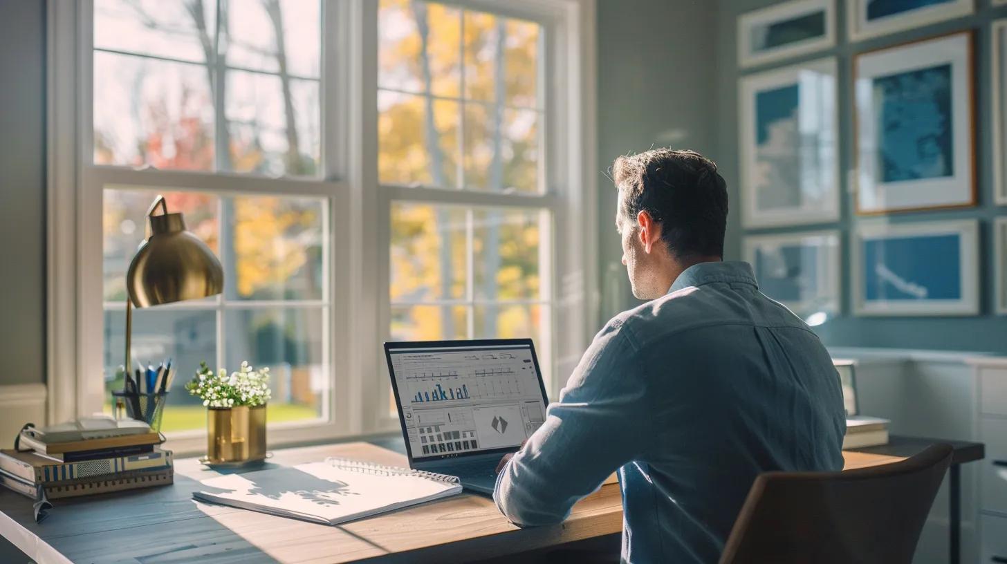 a well-lit, modern home office showcases a homeowner reviewing detailed roof inspection reports on a laptop, with various roof repair materials neatly organized on a nearby desk, emphasizing the strategic planning for necessary repairs.
